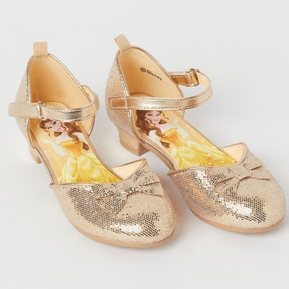 H&M Girls Disney Beauty Beast Belle Elegant Gold Glitter Heels Shoes Size 12 - Picture 1 of 14